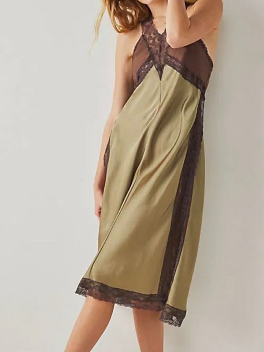 Free People NWT Bronze Green & Brown Romantic Hippie Fairycore Witch Satin Dress - Picture 8 of 10